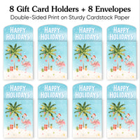 Set of 8 gift card holders with 'Happy Holidays' design featuring flamingos and palm trees on a blue background.