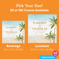 Promotional graphic for personalized napkins with palm tree design on an orange background