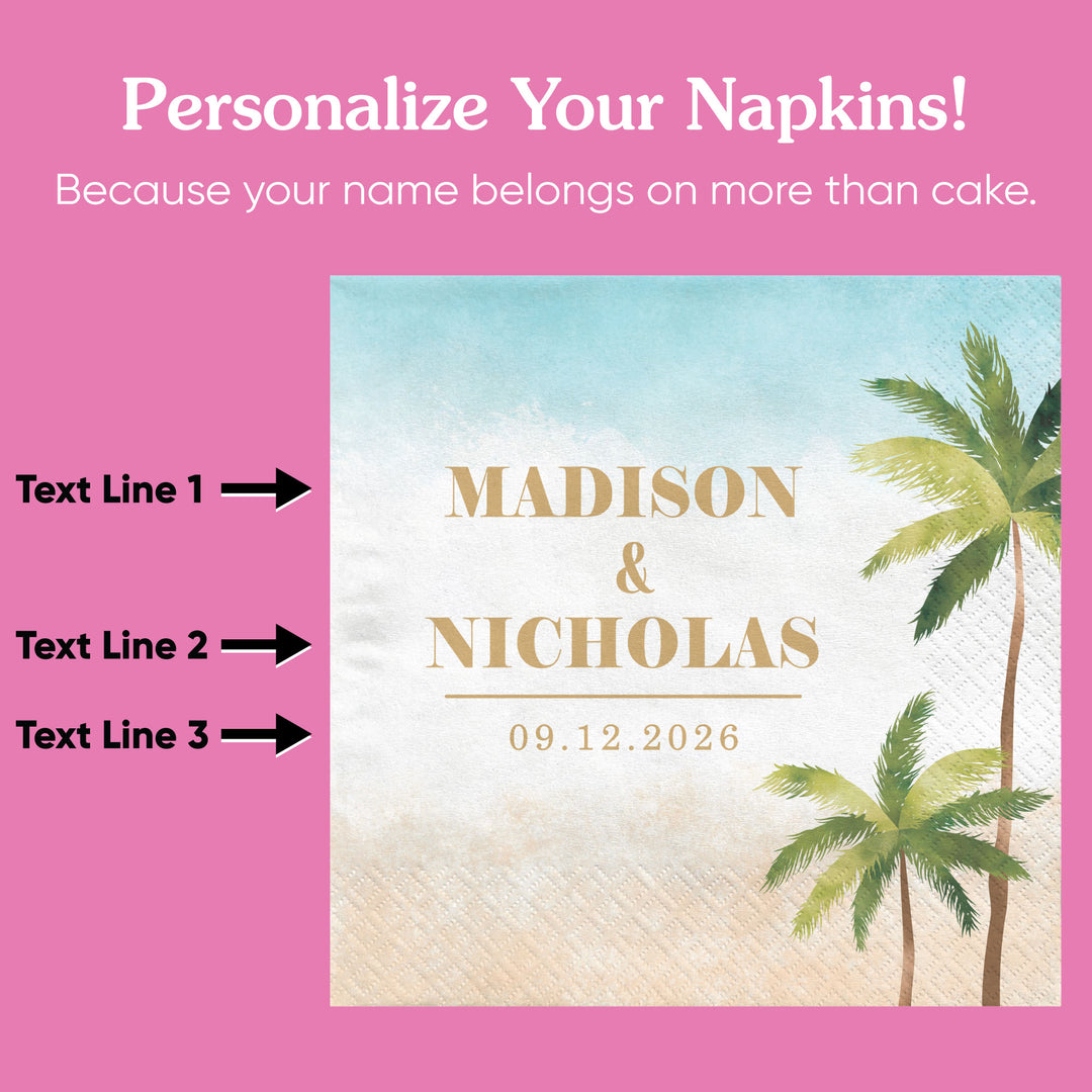 Personalized napkins design with palm trees and text customization options on a pink background.