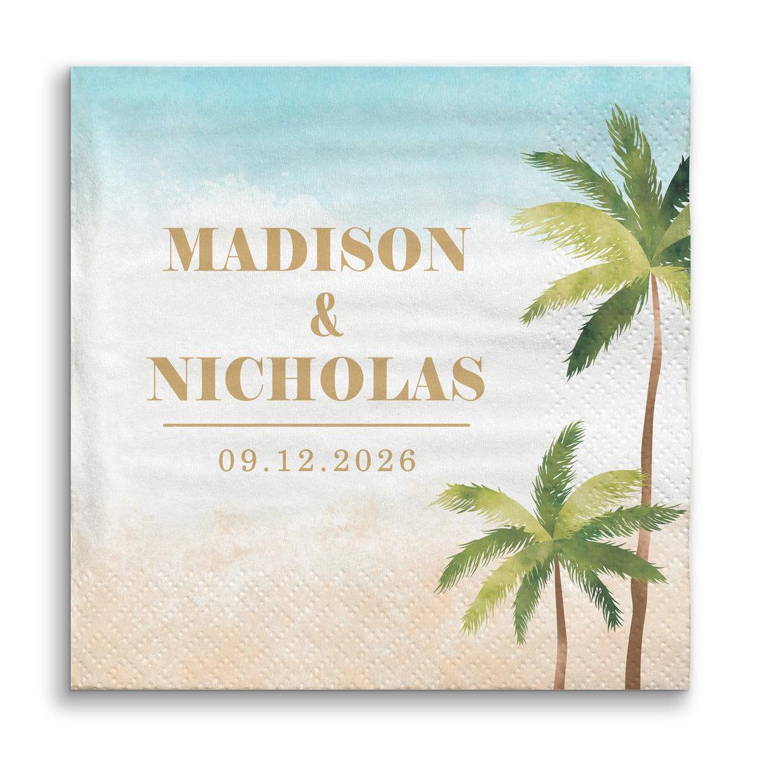 Personalized napkin with palm trees and names on a beach-themed background