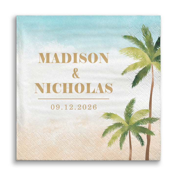 Personalized napkin with palm trees and names on a beach-themed background