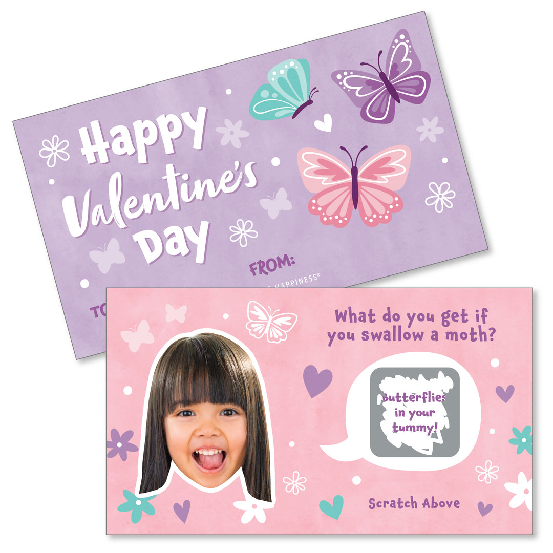 A set of Custom Valentine's Day scratch-off cards with butterfly themes and a child's photo printed on them.