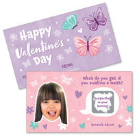 A set of Custom Valentine's Day scratch-off cards with butterfly themes and a child's photo printed on them.