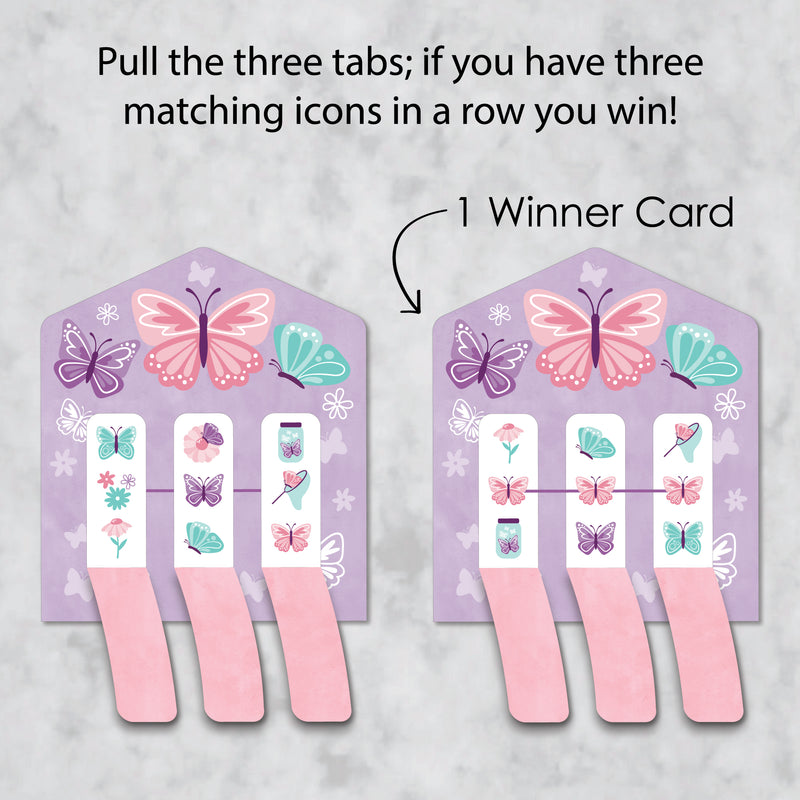 Beautiful Butterfly - Floral Baby Shower or Birthday Party Game Pickle Cards - Pull Tabs 3-in-a-Row - Set of 12