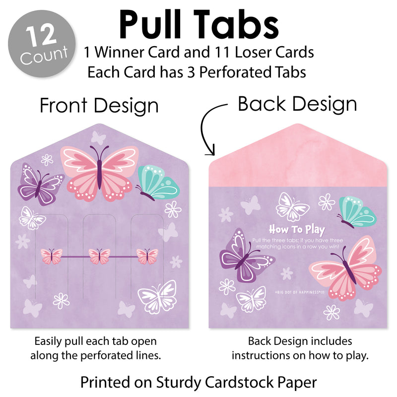 Beautiful Butterfly - Floral Baby Shower or Birthday Party Game Pickle Cards - Pull Tabs 3-in-a-Row - Set of 12