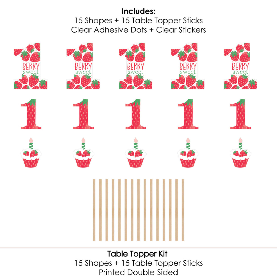 Berry First Birthday - Sweet Strawberry - Fruit 1st Birthday Party Centerpiece Sticks - Table Toppers - Set of 15