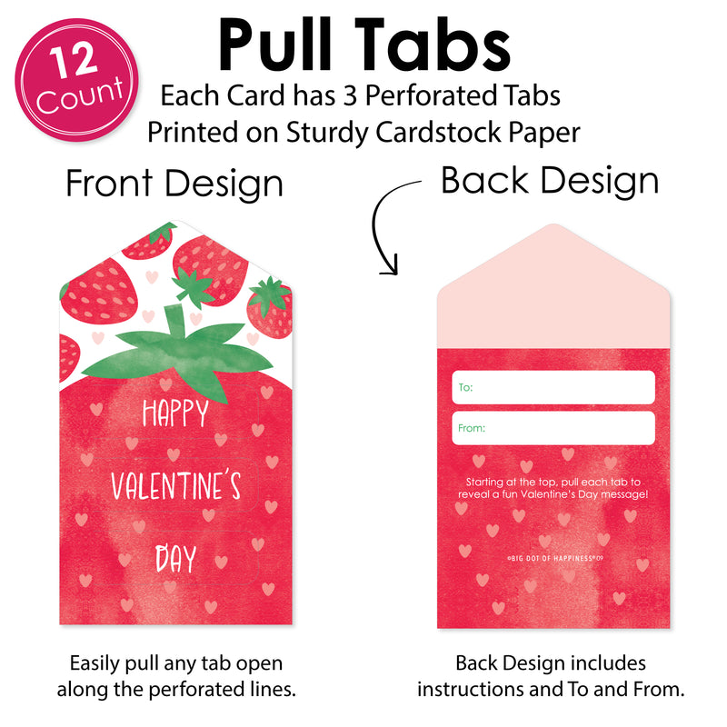 Berry Sweet Strawberry - Fruit Cards for Kids - Happy Valentine’s Day Pull Tabs - Set of 12