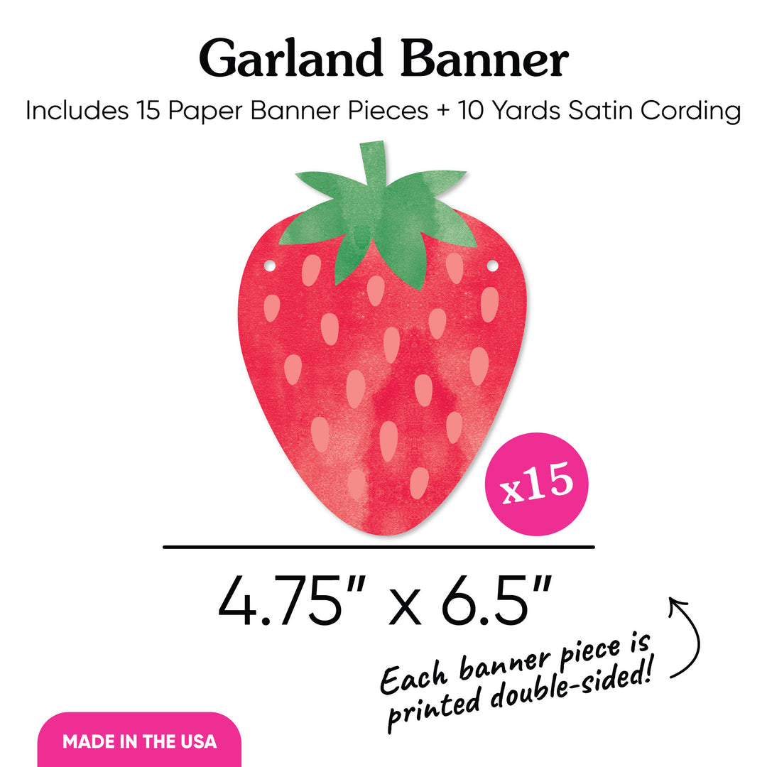 Strawberry-shaped paper banner piece with text on a white background