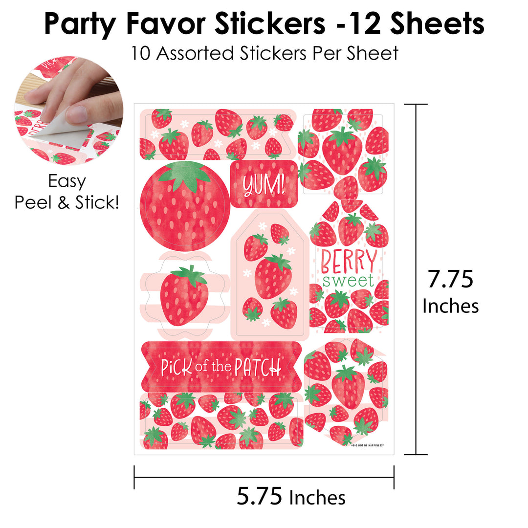 Berry Sweet Strawberry - Fruit Themed Birthday or Baby Shower Party Favor Sticker Set - 12 Sheets - 120 Stickers