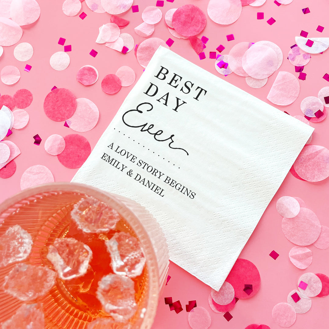 Card with 'Best Day Ever' text on a pink background with confetti