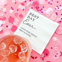 Card with 'Best Day Ever' text on a pink background with confetti