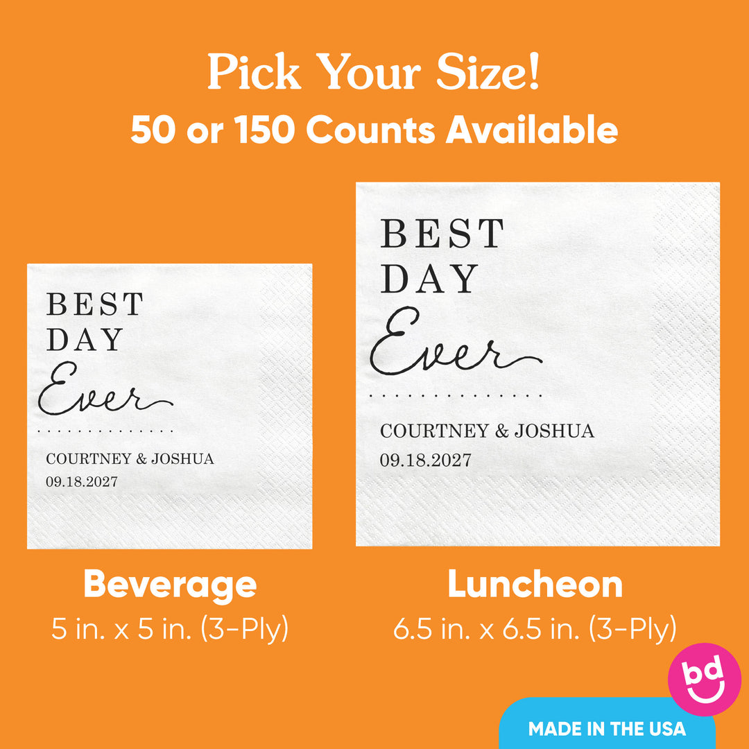 Personalized napkins with 'Best Day Ever' text on an orange background