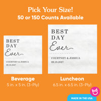 Personalized napkins with 'Best Day Ever' text on an orange background