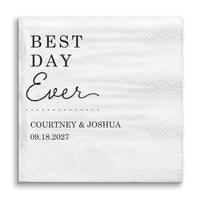 White napkin with 'Best Day Ever' text and personalized names and date.