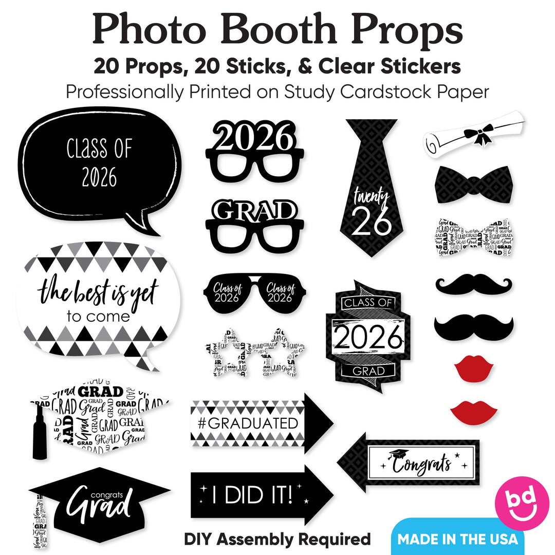 Black and White Grad - 2026 Graduation Party Photo Booth Props Kit - 20 Count