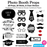 Black and White Grad - 2026 Graduation Party Photo Booth Props Kit - 20 Count