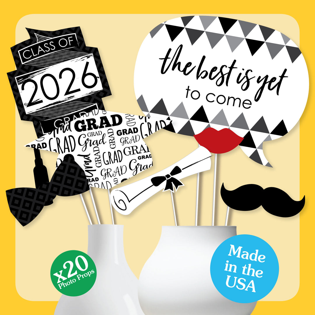 Black and White Grad - 2026 Graduation Party Photo Booth Props Kit - 20 Count
