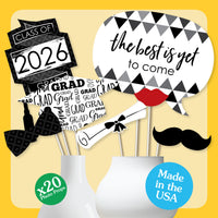 Black and White Grad - 2026 Graduation Party Photo Booth Props Kit - 20 Count