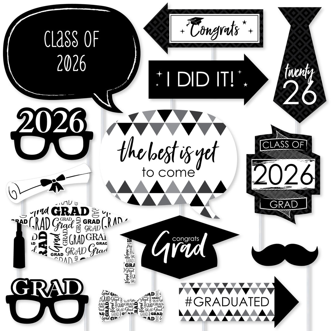 Black and White Grad - 2026 Graduation Party Photo Booth Props Kit - 20 Count