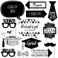 Black and White Grad - 2026 Graduation Party Photo Booth Props Kit - 20 Count
