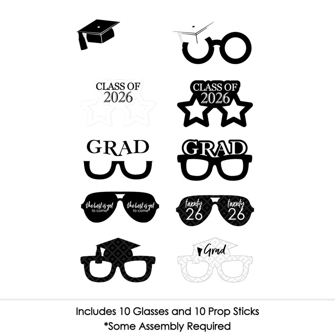 Black and White Grad Glasses - Best is Yet to Come - Black and White 2026 Paper Card Stock Graduation Party Photo Booth Props Kit - 10 Count