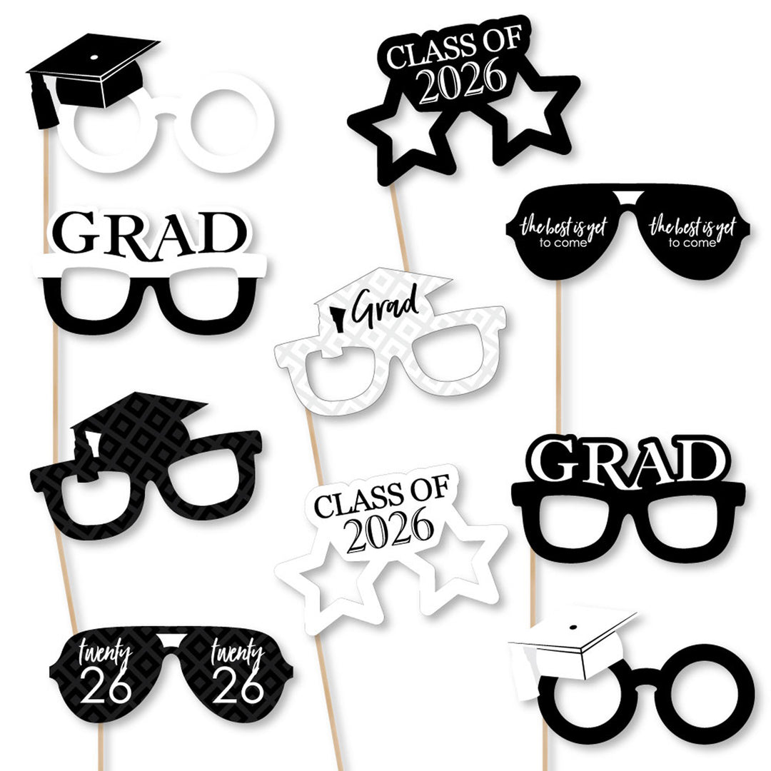 Black and White Grad Glasses - Best is Yet to Come - Black and White 2026 Paper Card Stock Graduation Party Photo Booth Props Kit - 10 Count