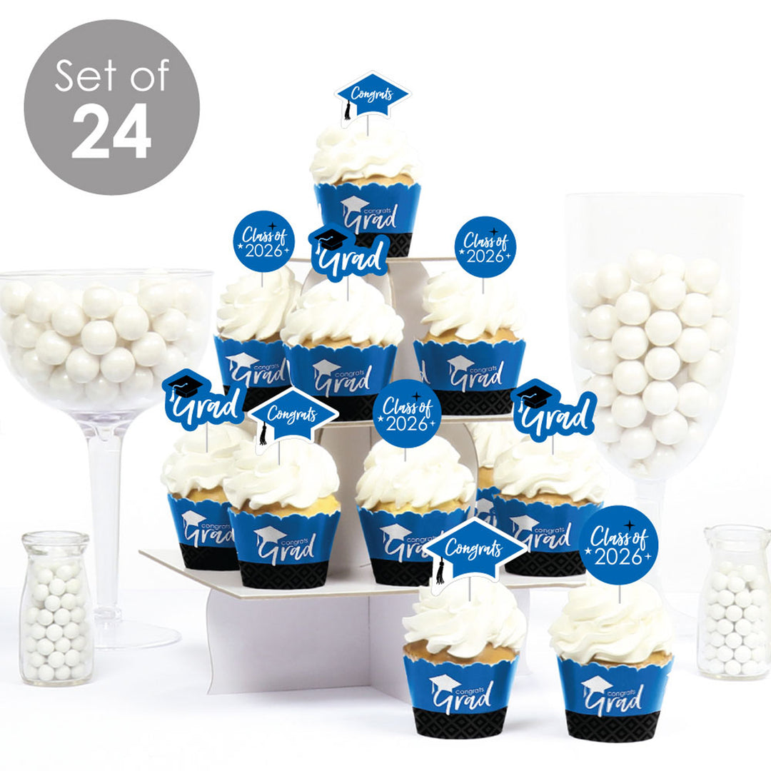 Blue Grad - Best is Yet to Come - Cupcake Decoration - 2026 Royal Blue Graduation Party Cupcake Wrappers and Treat Picks Kit - Set of 24