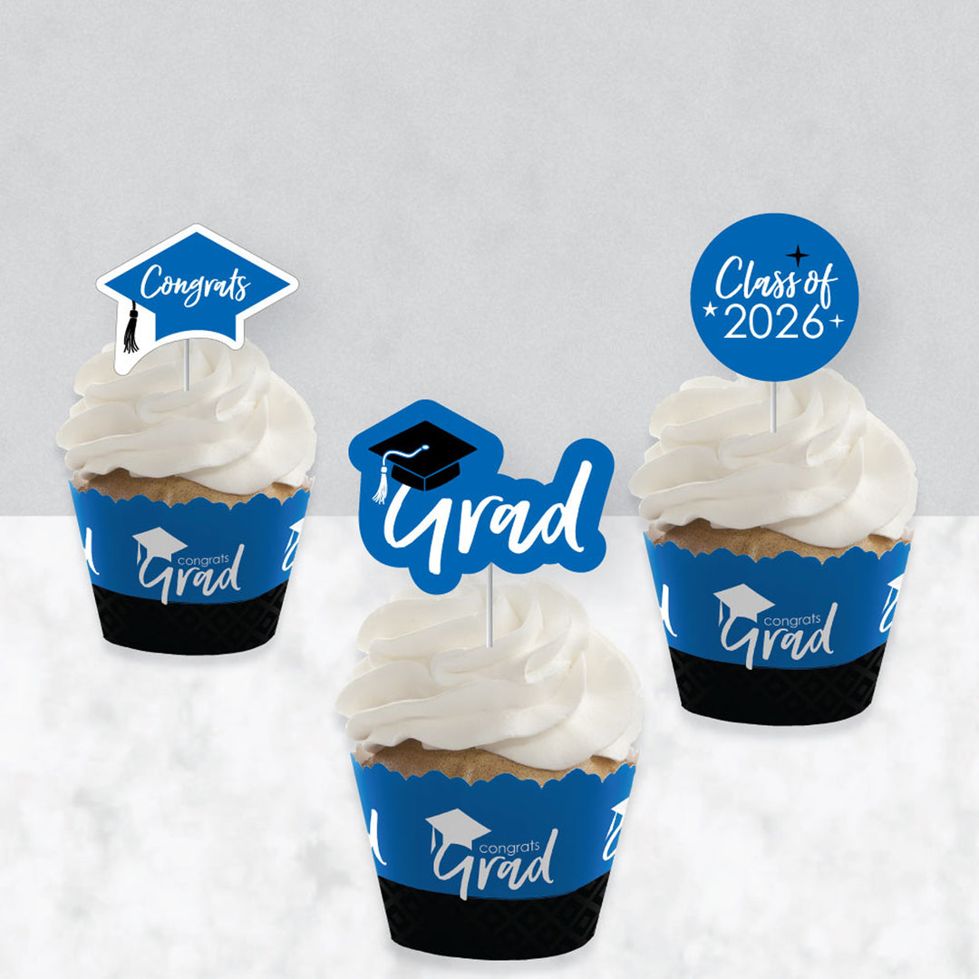 Blue Grad - Best is Yet to Come - Cupcake Decoration - 2026 Royal Blue Graduation Party Cupcake Wrappers and Treat Picks Kit - Set of 24