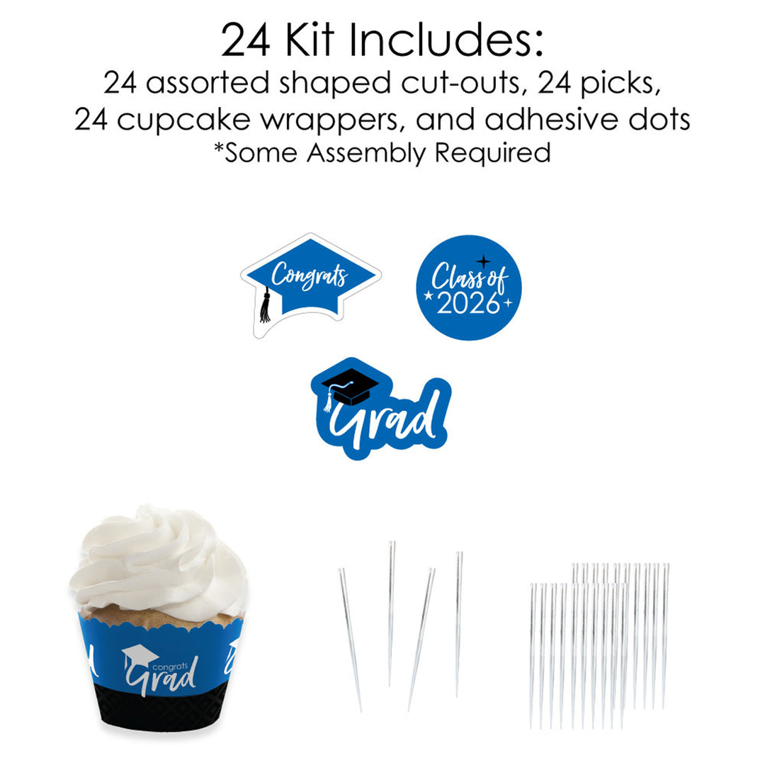 Blue Grad - Best is Yet to Come - Cupcake Decoration - 2026 Royal Blue Graduation Party Cupcake Wrappers and Treat Picks Kit - Set of 24