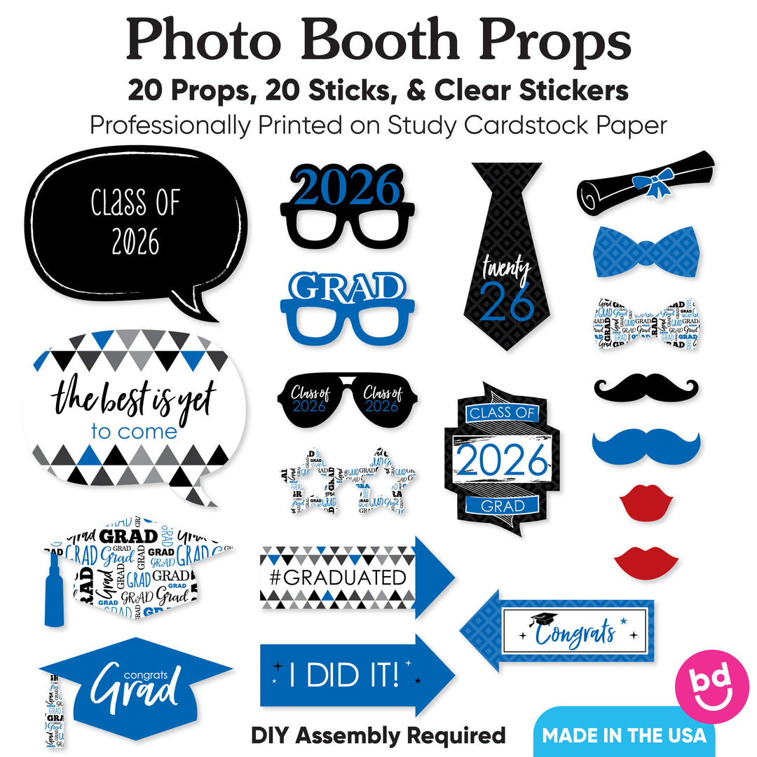 Collection of graduation-themed photo booth props with text and graphics on a white background.