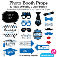 Collection of graduation-themed photo booth props with text and graphics on a white background.