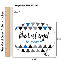 Decorative speech bubble with geometric design and motivational quote, shown with a ruler for scale.