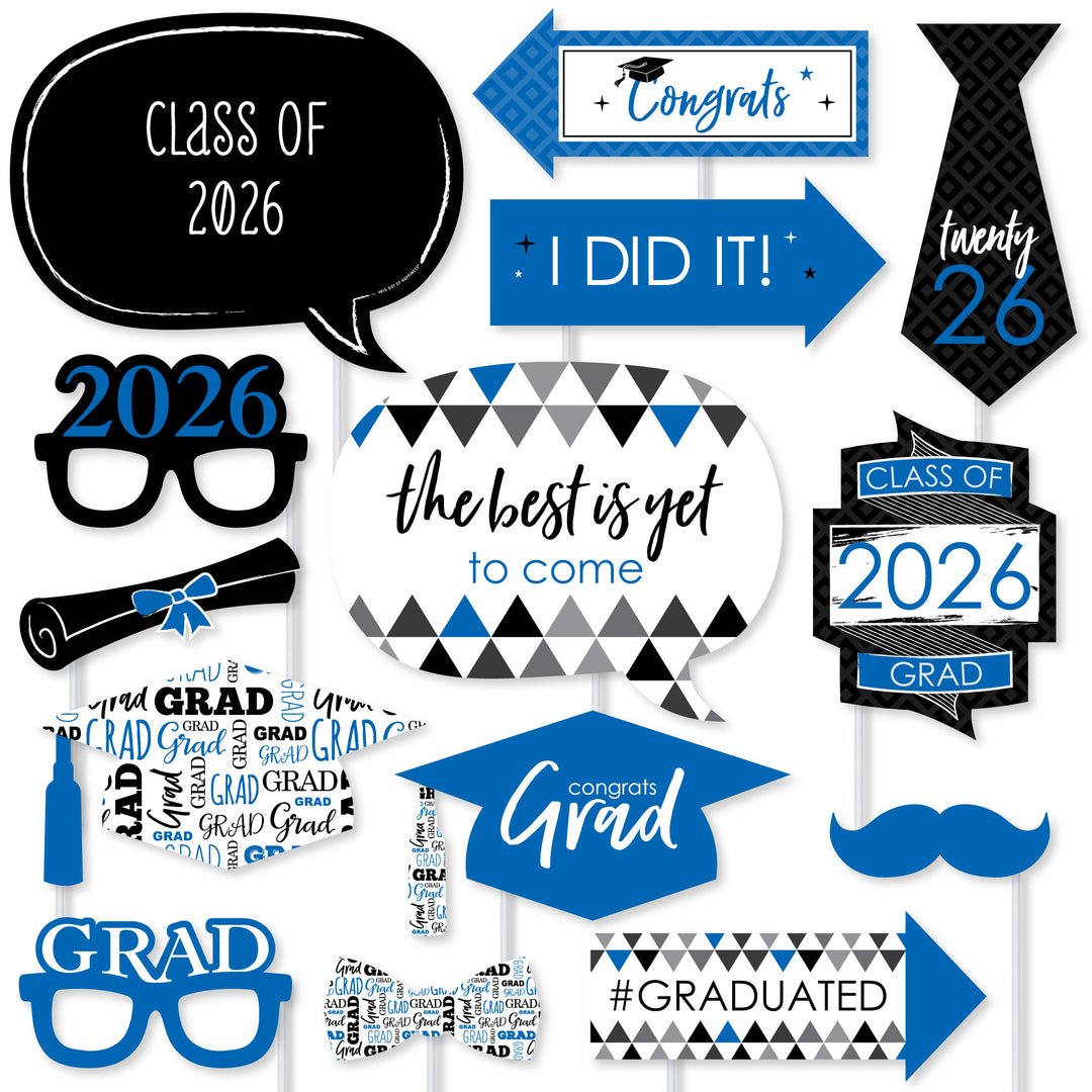 Collection of blue graduation-themed photo booth props with text and graphics on a white background.