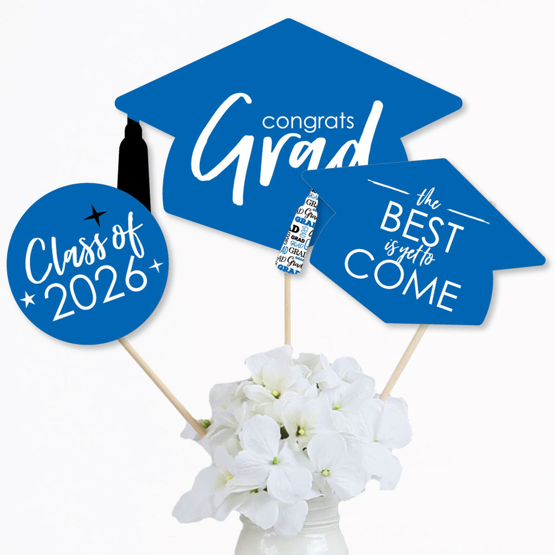 Blue Grad - Best is Yet to Come - 2026 Royal Blue Graduation Party Centerpiece Sticks - Table Toppers - Set of 15