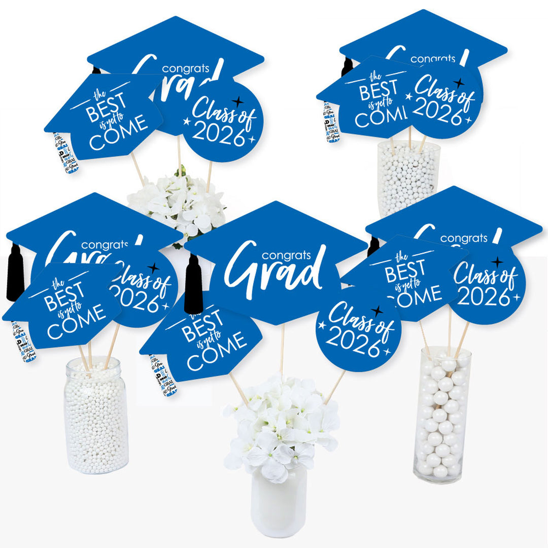 Blue Grad - Best is Yet to Come - 2026 Royal Blue Graduation Party Centerpiece Sticks - Table Toppers - Set of 15