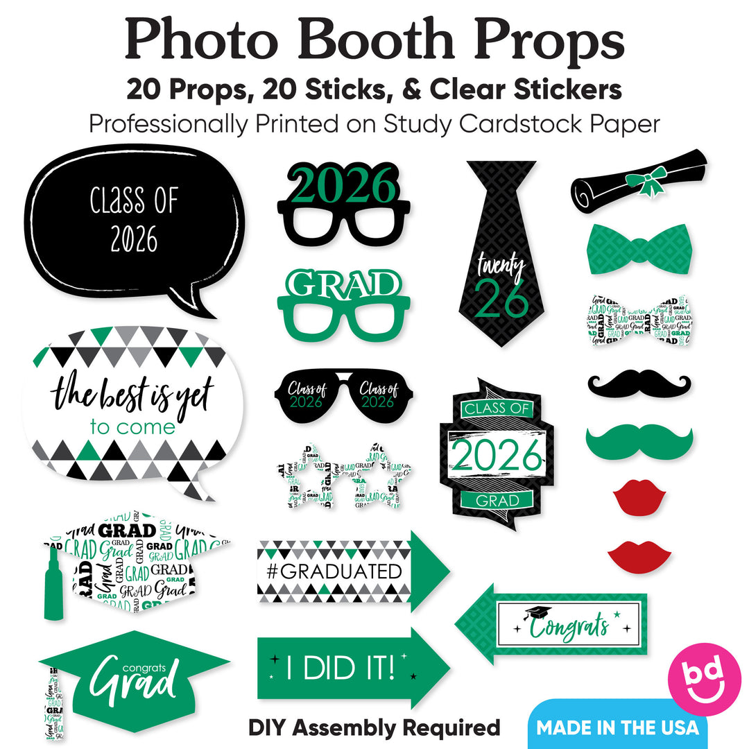 Green Grad - 2026 Graduation Party Photo Booth Props Kit - 20 Count