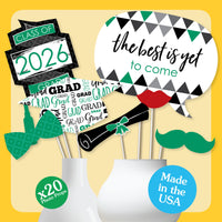 Green Grad - 2026 Graduation Party Photo Booth Props Kit - 20 Count
