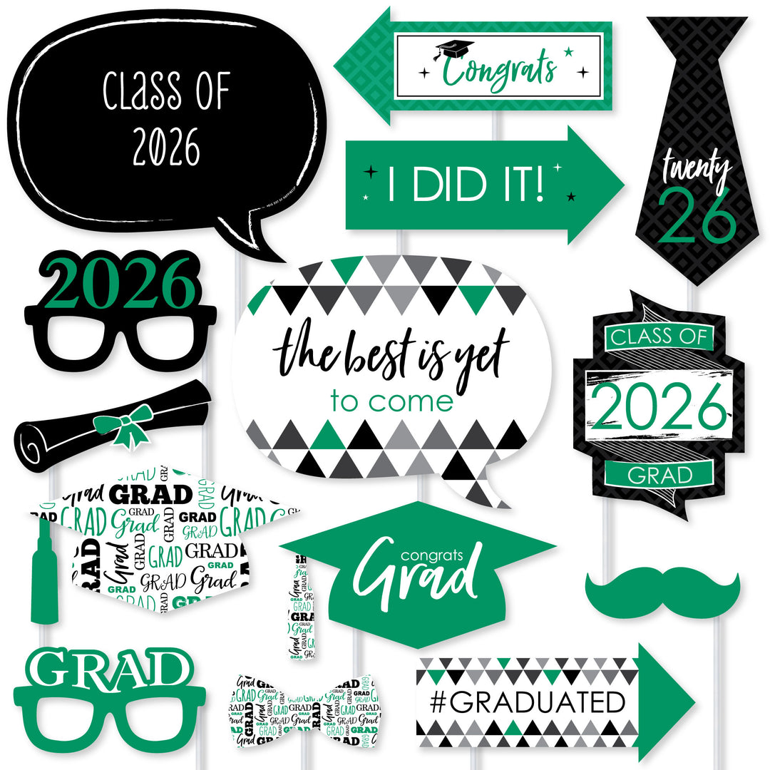 Green Grad - 2026 Graduation Party Photo Booth Props Kit - 20 Count