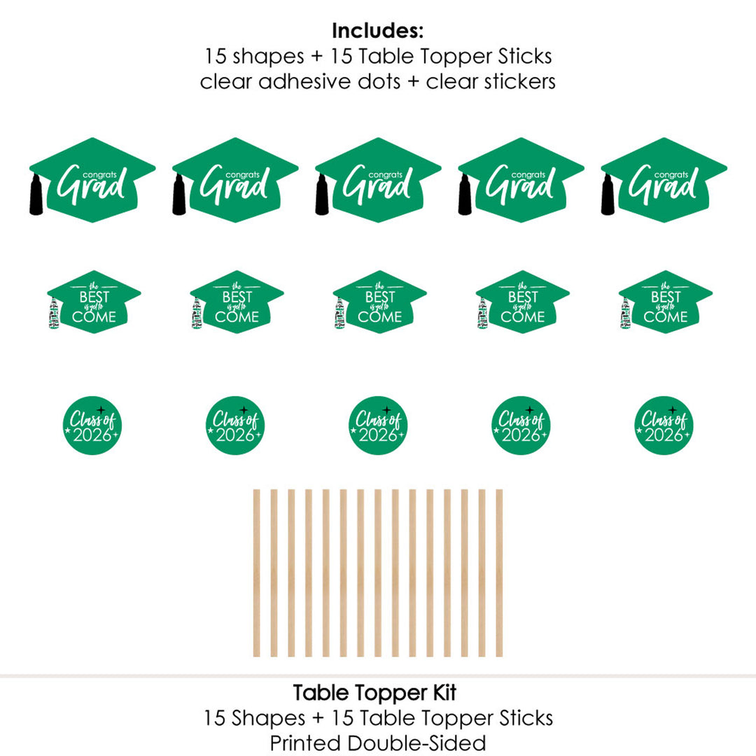 Green Grad - Best is Yet to Come - 2026 Green Graduation Party Centerpiece Sticks - Table Toppers - Set of 15