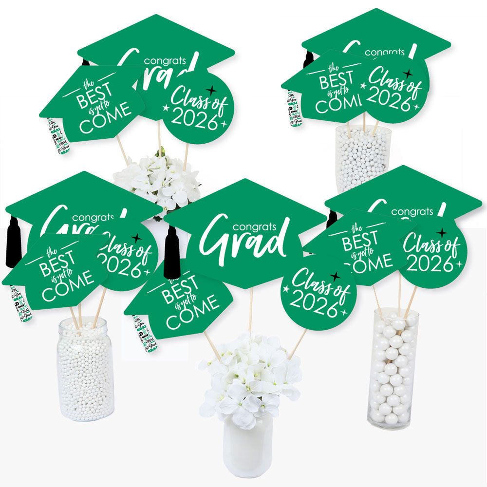 Green Grad - Best is Yet to Come - 2026 Green Graduation Party Centerpiece Sticks - Table Toppers - Set of 15