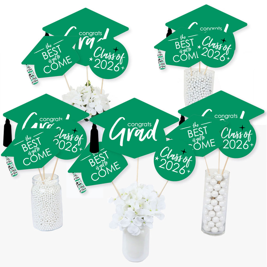 Green Grad - Best is Yet to Come - 2026 Green Graduation Party Centerpiece Sticks - Table Toppers - Set of 15