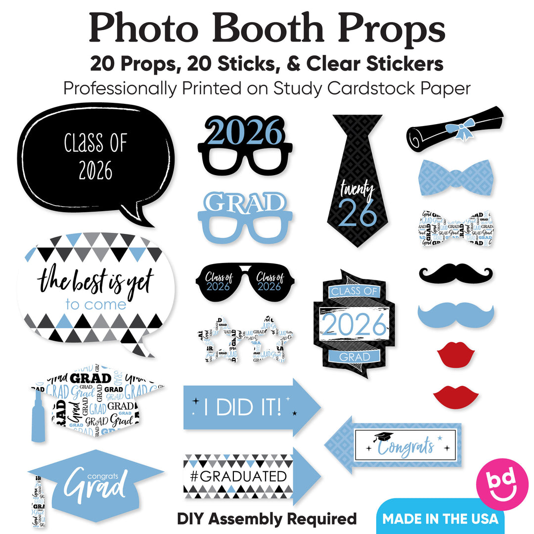 Light Blue Grad - 2026 Graduation Party Photo Booth Props Kit - 20 Count