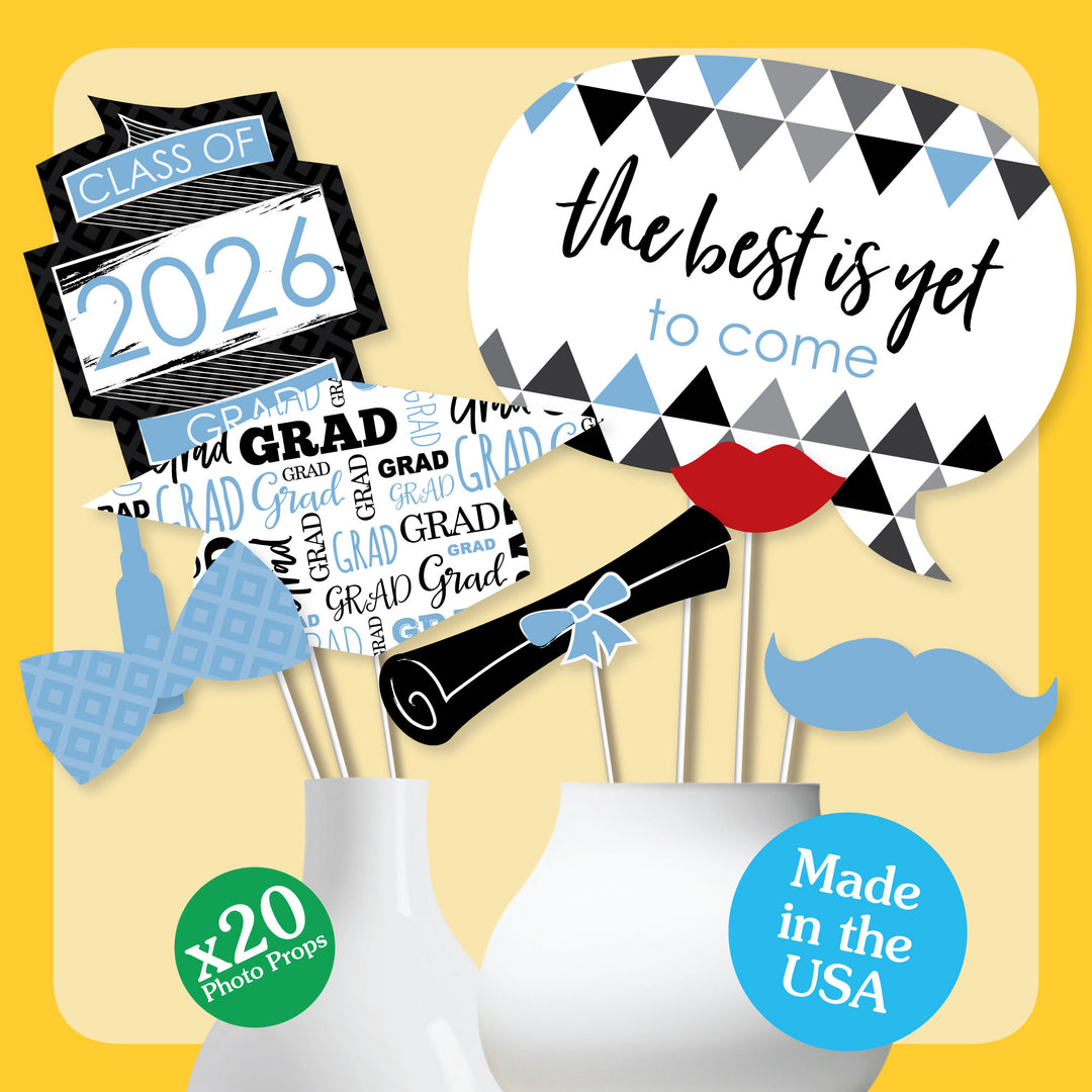 Light Blue Grad - 2026 Graduation Party Photo Booth Props Kit - 20 Count