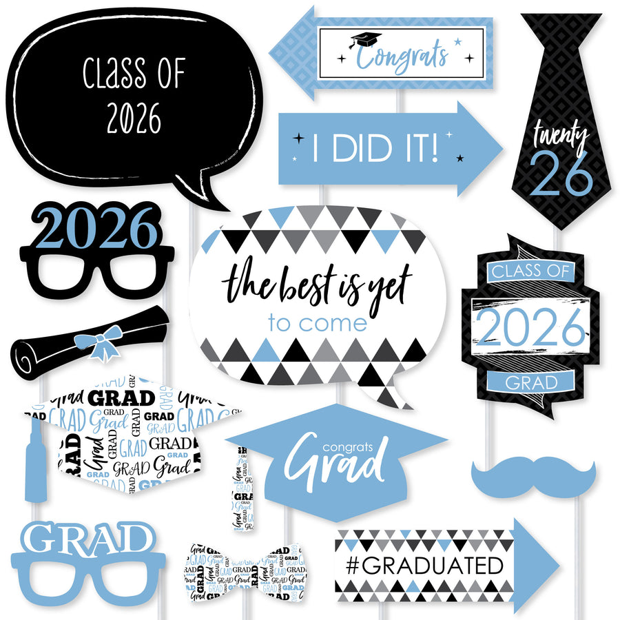 Light Blue Grad - 2026 Graduation Party Photo Booth Props Kit - 20 Count