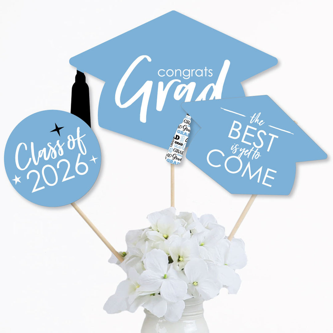 Light Blue Grad - Best is Yet to Come - 2026 Light Blue Graduation Party Centerpiece Sticks - Table Toppers - Set of 15