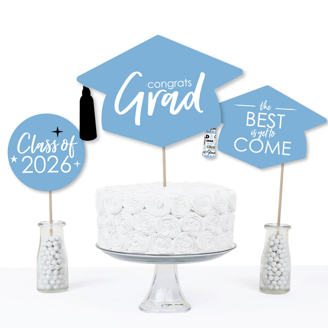 Light Blue Grad - Best is Yet to Come - 2026 Light Blue Graduation Party Centerpiece Sticks - Table Toppers - Set of 15