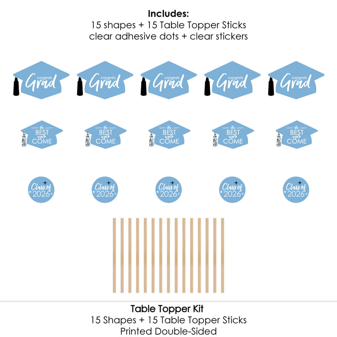 Light Blue Grad - Best is Yet to Come - 2026 Light Blue Graduation Party Centerpiece Sticks - Table Toppers - Set of 15