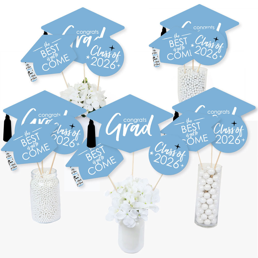 Light Blue Grad - Best is Yet to Come - 2026 Light Blue Graduation Party Centerpiece Sticks - Table Toppers - Set of 15