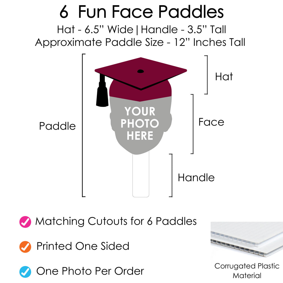 Custom Fun Face Maroon Grad Paddles - 6 Ct