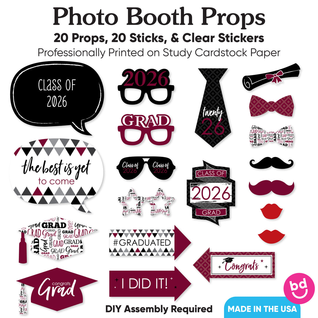 Maroon Grad - 2026 Graduation Party Photo Booth Props Kit - 20 Count
